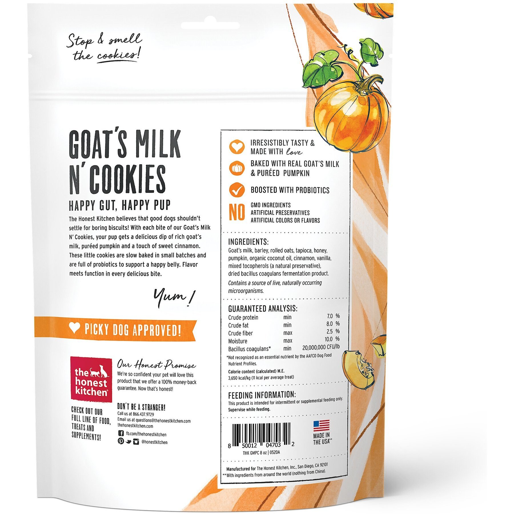 The Honest Kitchen Goat's Milk N' Cookies Slow-Baked with Pumpkin Dog Treats, 8-oz bag