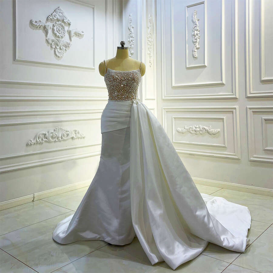 Sexy Nude top body Full Pearls Stain Mermaid detachable Skirt Wedding Dress