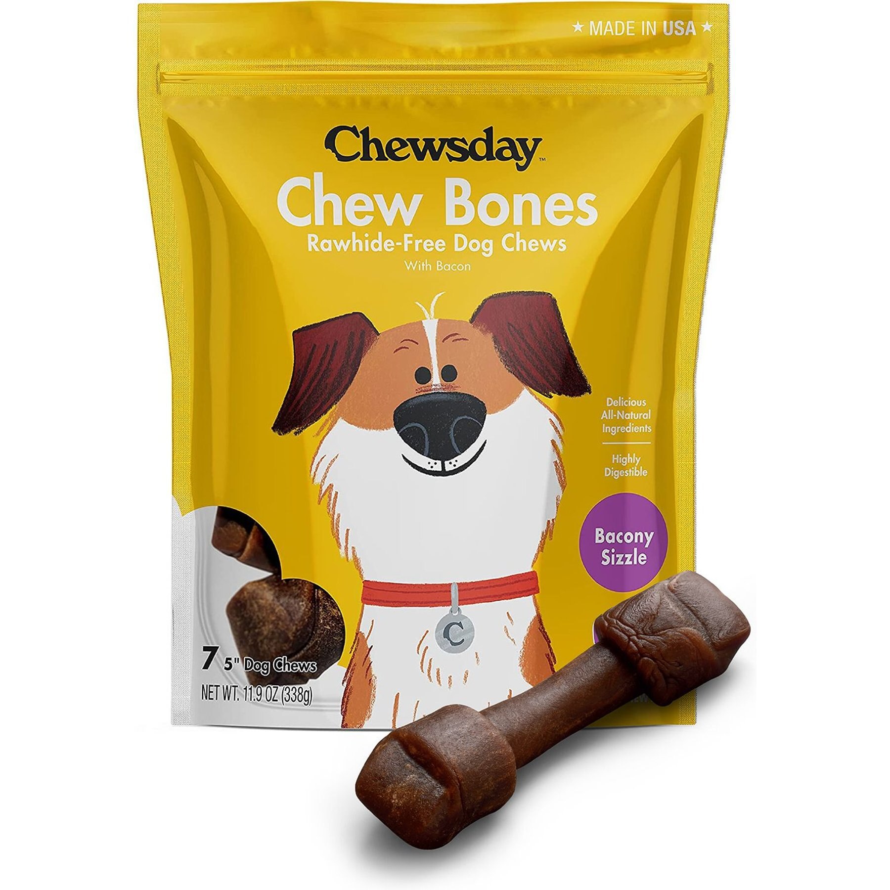 Chewsday Bacony Sizzle Chew Bones Rawhide-Free Dog Hard Chews, 7 count, Small