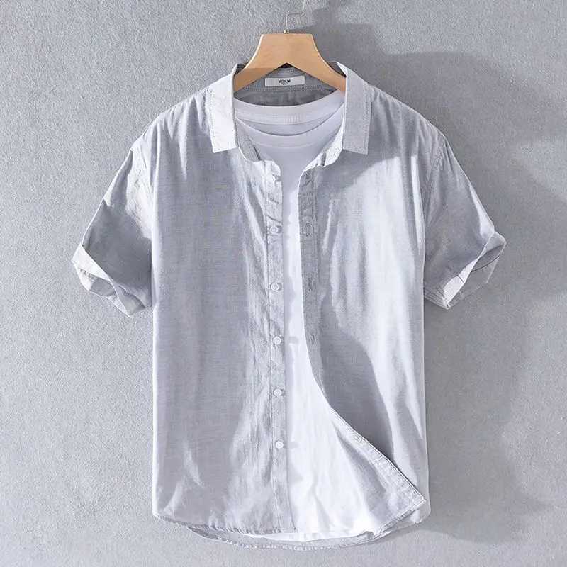 Mens Cotton Linen Short Sve Slim Fit Shirt Breathable Summer Cotton Linen Blend Tops Casual White Button Down ShirtXJ241120
