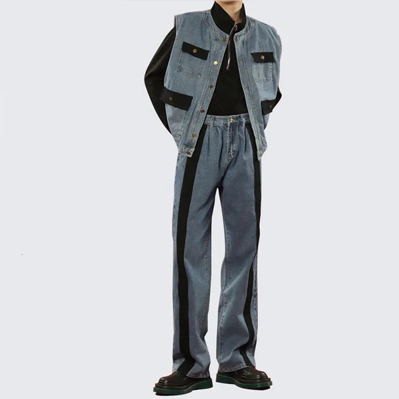 HOUZHOU Mens Sets Cargo Denim 2 Piece Outfits Male Patchwear Jeans Pants Vests Sleeveless Casual Korean Streetwear Hip Hop 240415