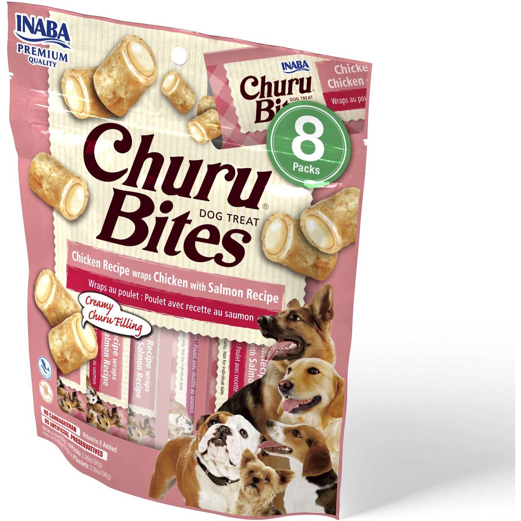 Inaba Churu Bites Wraps Chicken with Salmon Recipe Grain-Free Soft & Chewy Dog Treats, 0.42-oz, pack of 8