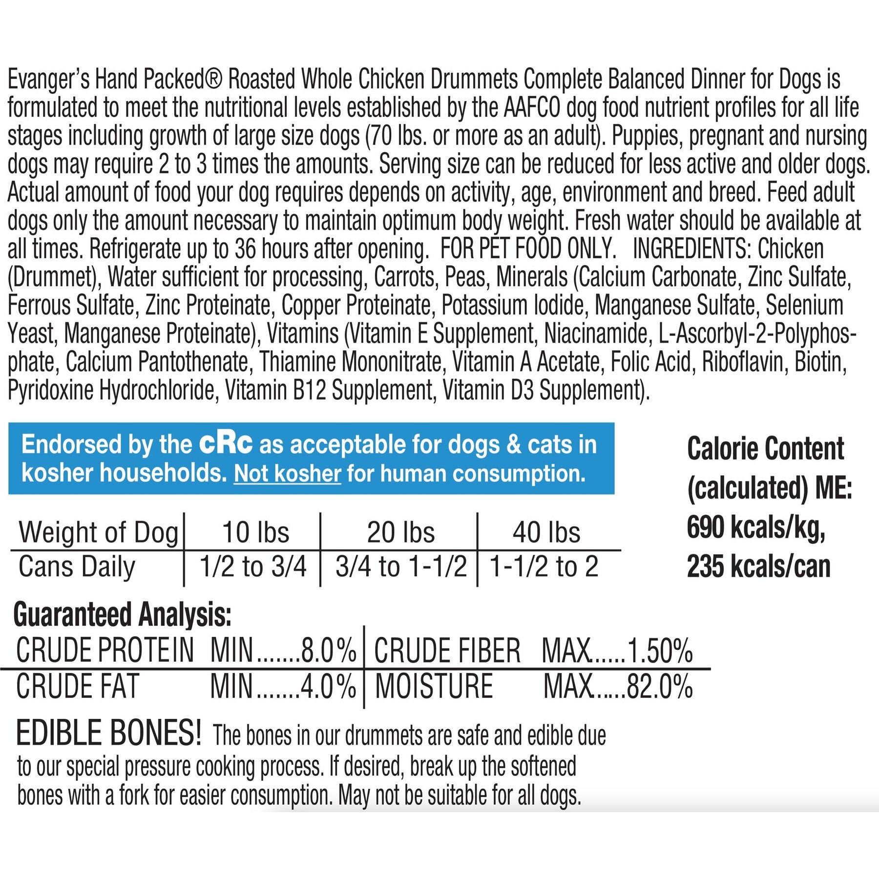 Evanger's Grain-Free Hand Packed Roasted Whole Chicken Drummets Dinner Canned Dog Food