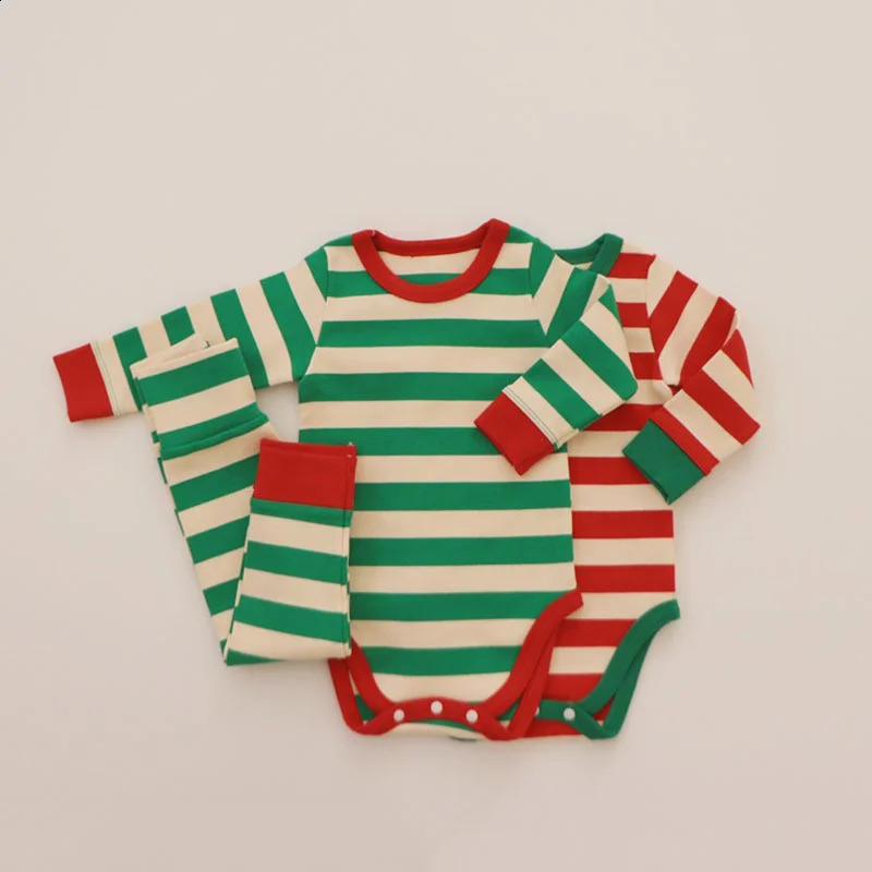 Christmas Autumn Winter Baby Set Children Boys Girls Cute Cotton Two tone Red/Green Stripe Baby Long Sleeve Childrens Set 241121