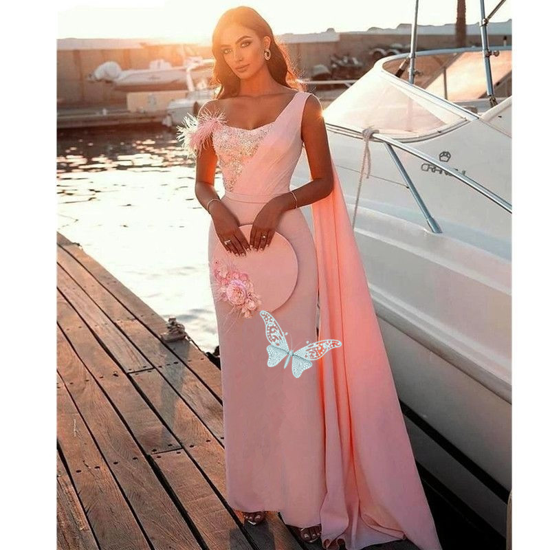 Pink Prom Dress Long Cape Evening Dresses One Shoulder Prom Gowns Sequined Feather Party Dress Custom Made Robes de Soiree