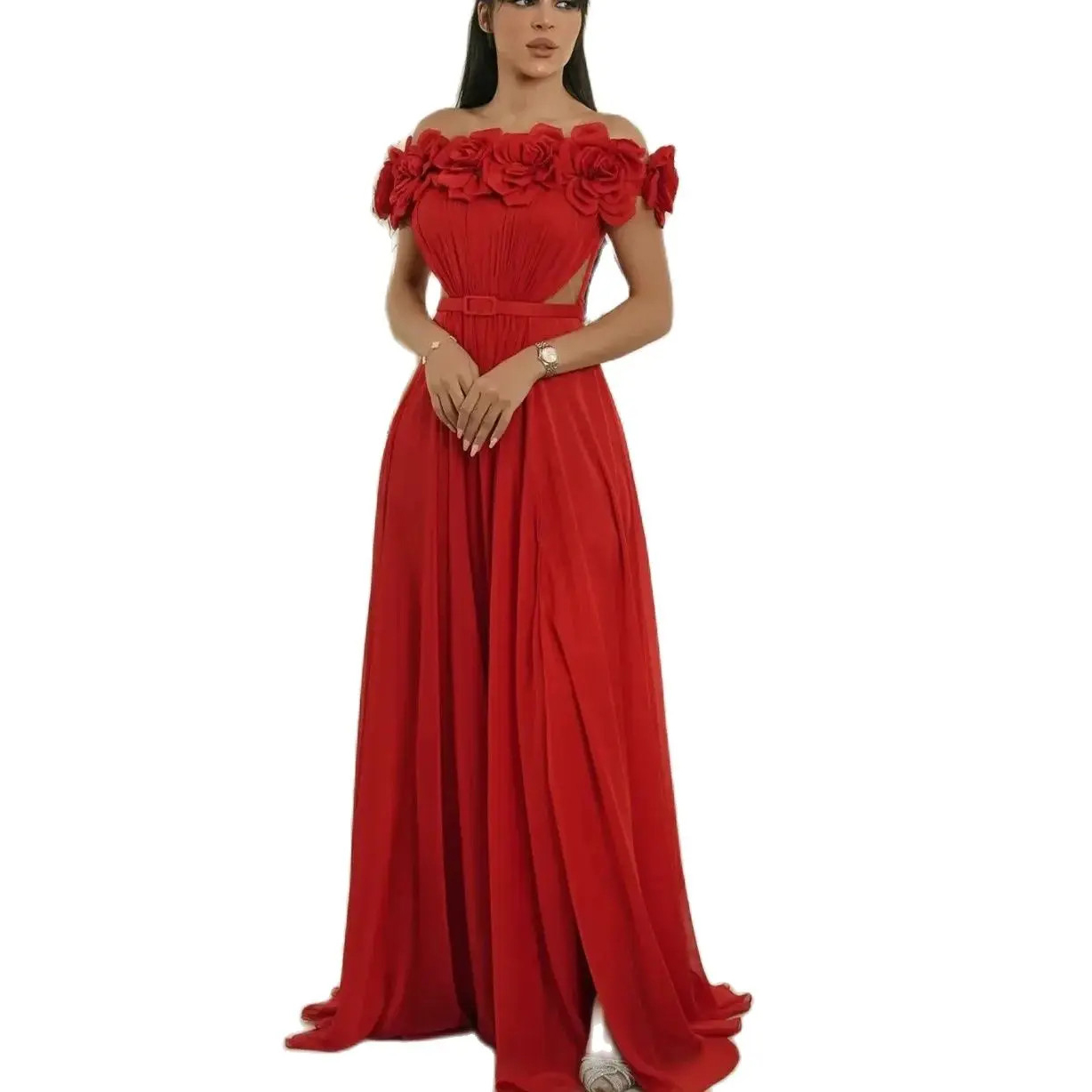 Elegant Long Red Chiffon Evening Dresses With Flowers A-Line Pleats Floor Length Zipper Back Prom Dresses Robe De Soiree Formal Party Gown for Women