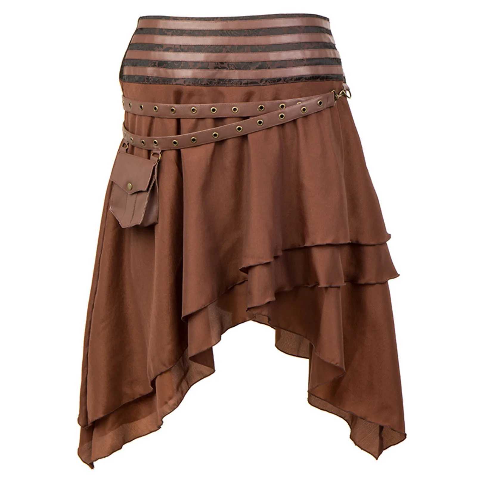 Skirts Brown Asymmetrical Ruffle Layered Gothic Skirt Womens Vintage Traditional Hiphop Skirts Leather Victorian Corsets Skirts Y240420