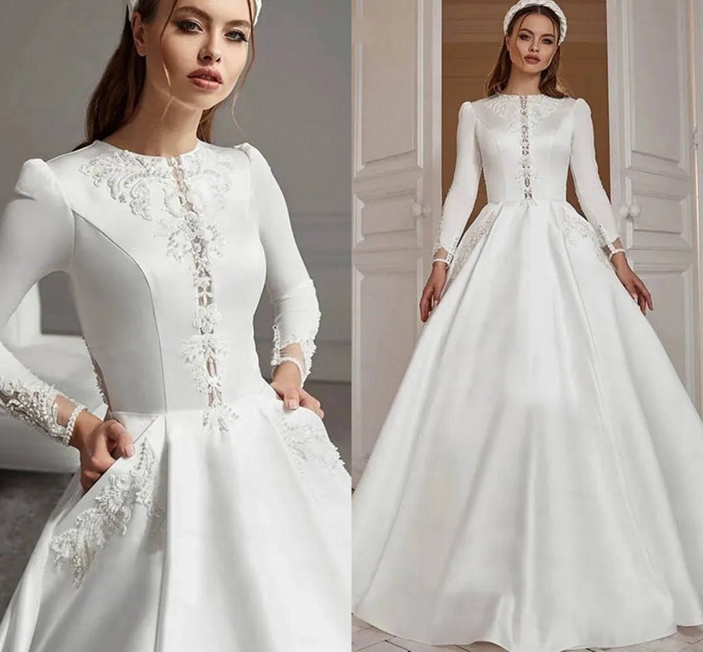 2024 Princess Satin Wedding Dress Boat Neck Lace Appliques Sequins Beads A-Line Bridal Bride Gowns Dubai Vestido De Novia Mariage