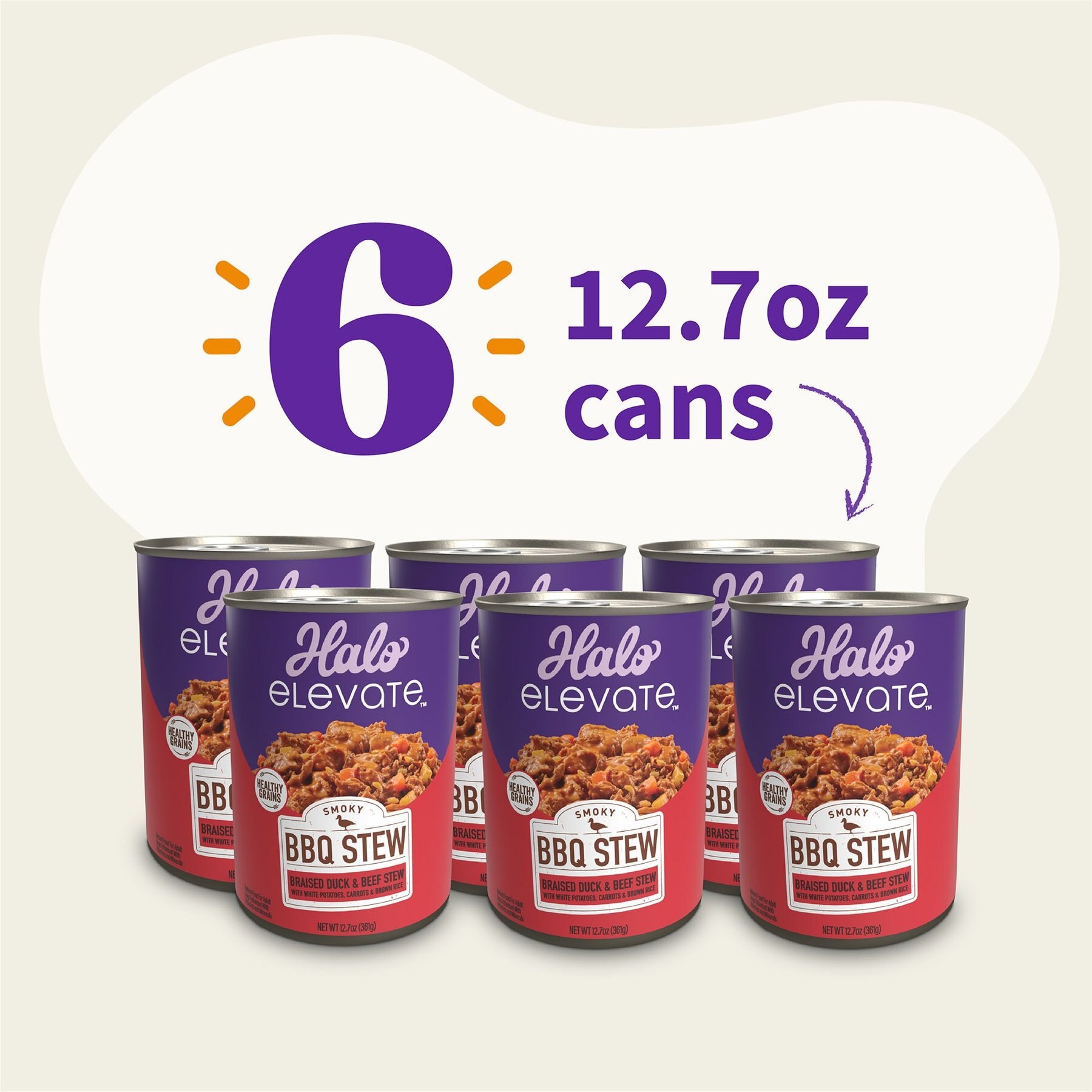 Halo Elevate Smoky BBQ Braised Duck & Beef Stew with White Potatoes, Carrots & Brown Rice Wet Dog Food, 12.7-oz can, case of 6