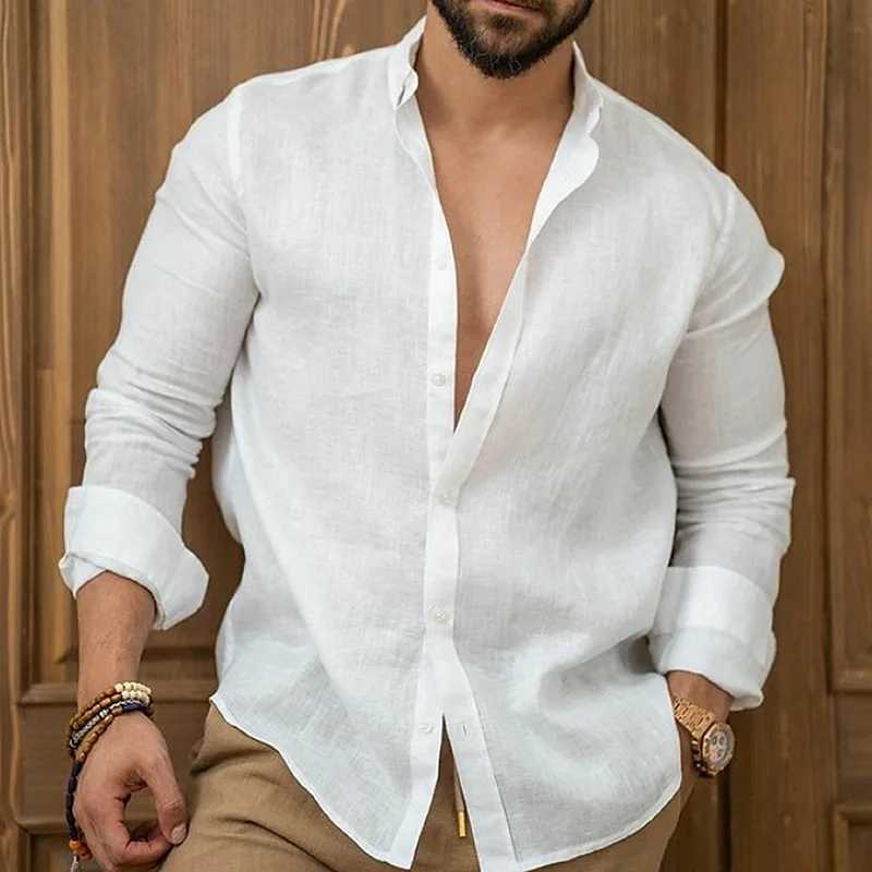 2024 Mens Linen Shirt Beachwear Button Casual Shirt Black White Pink Long Sve Solid Color Lapel Spring Summer Men XS-6XLXJ241120