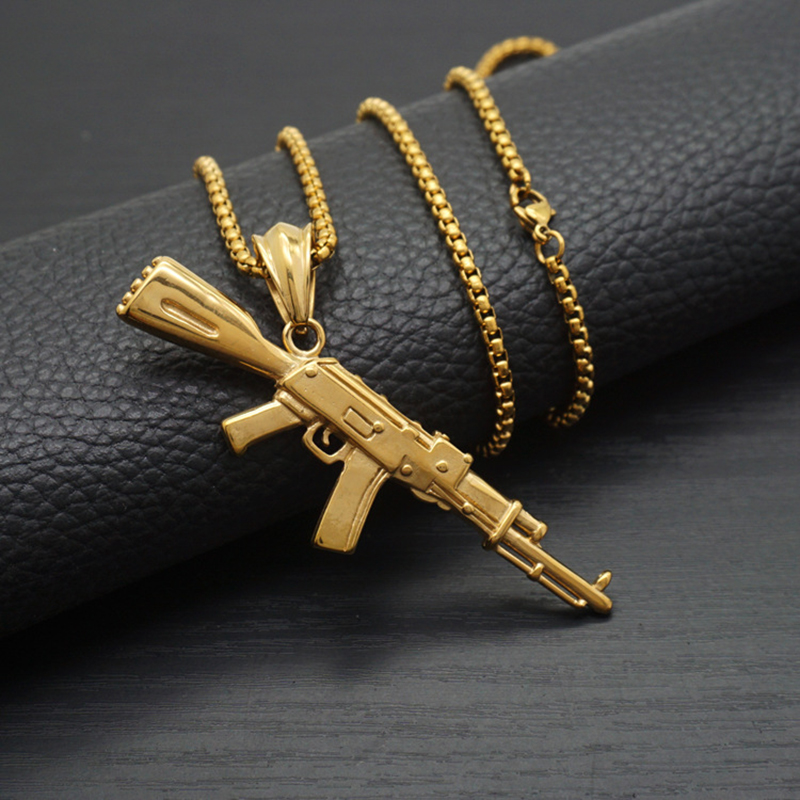 Hip Hop Vintage Punk Mens AK47 Pendant Necklace Stainless Steel 18K Gold Plated No Fade Jewelry