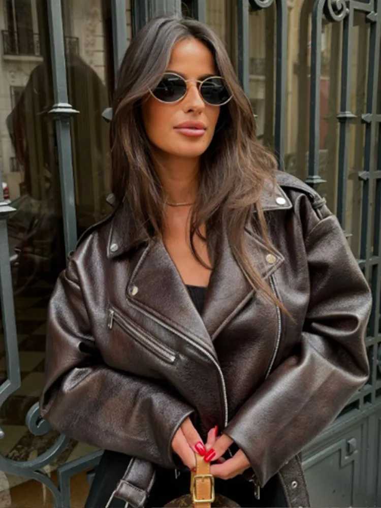 Flip collar brown zipper short leather jacket fashionable solid color full Slves jacket 2024 new womens high stripe autumn jacket X241120