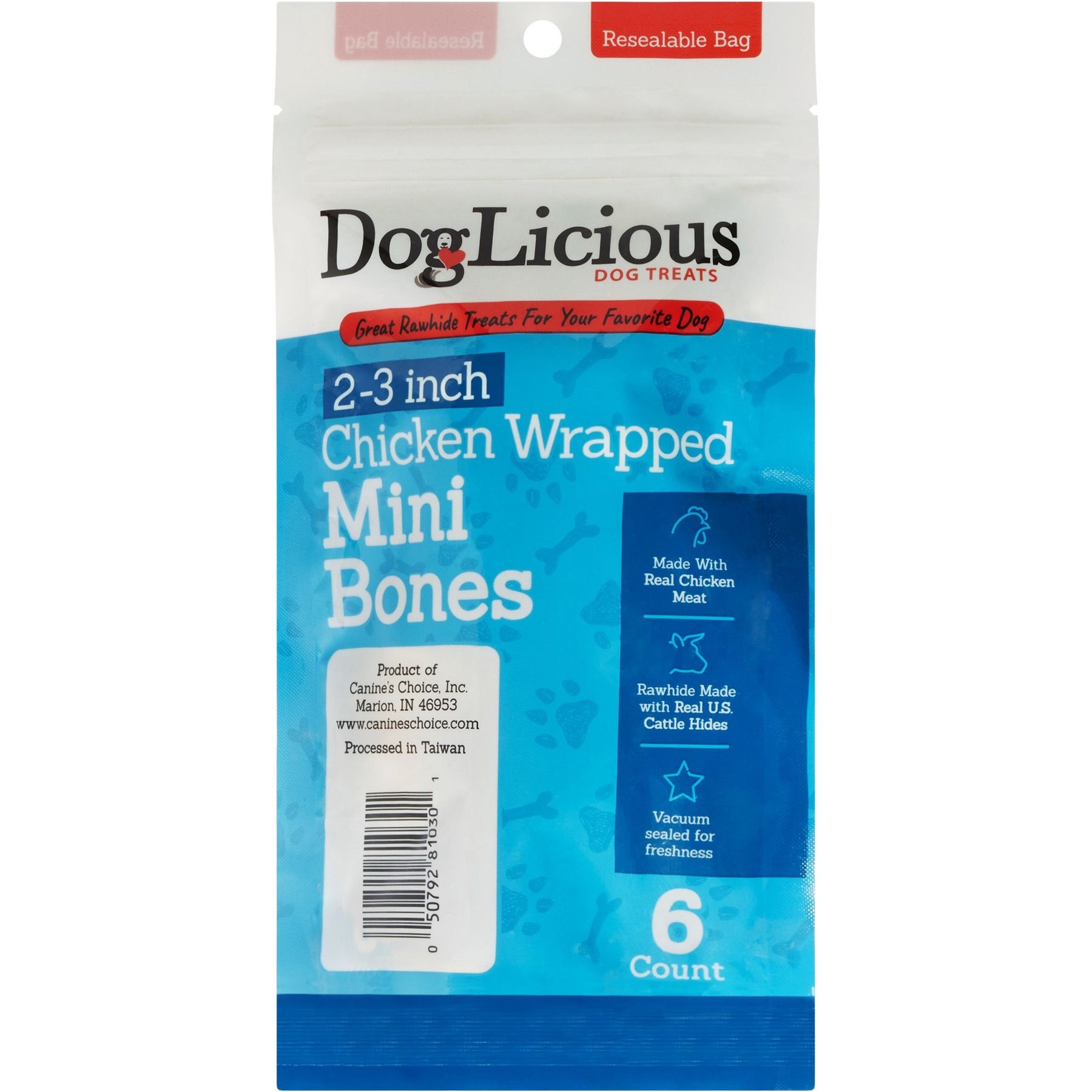 Canine's Choice DogLicious 2-3" Chicken Wrapped Rawhide Mini-Bones Dog Treats, 6 count