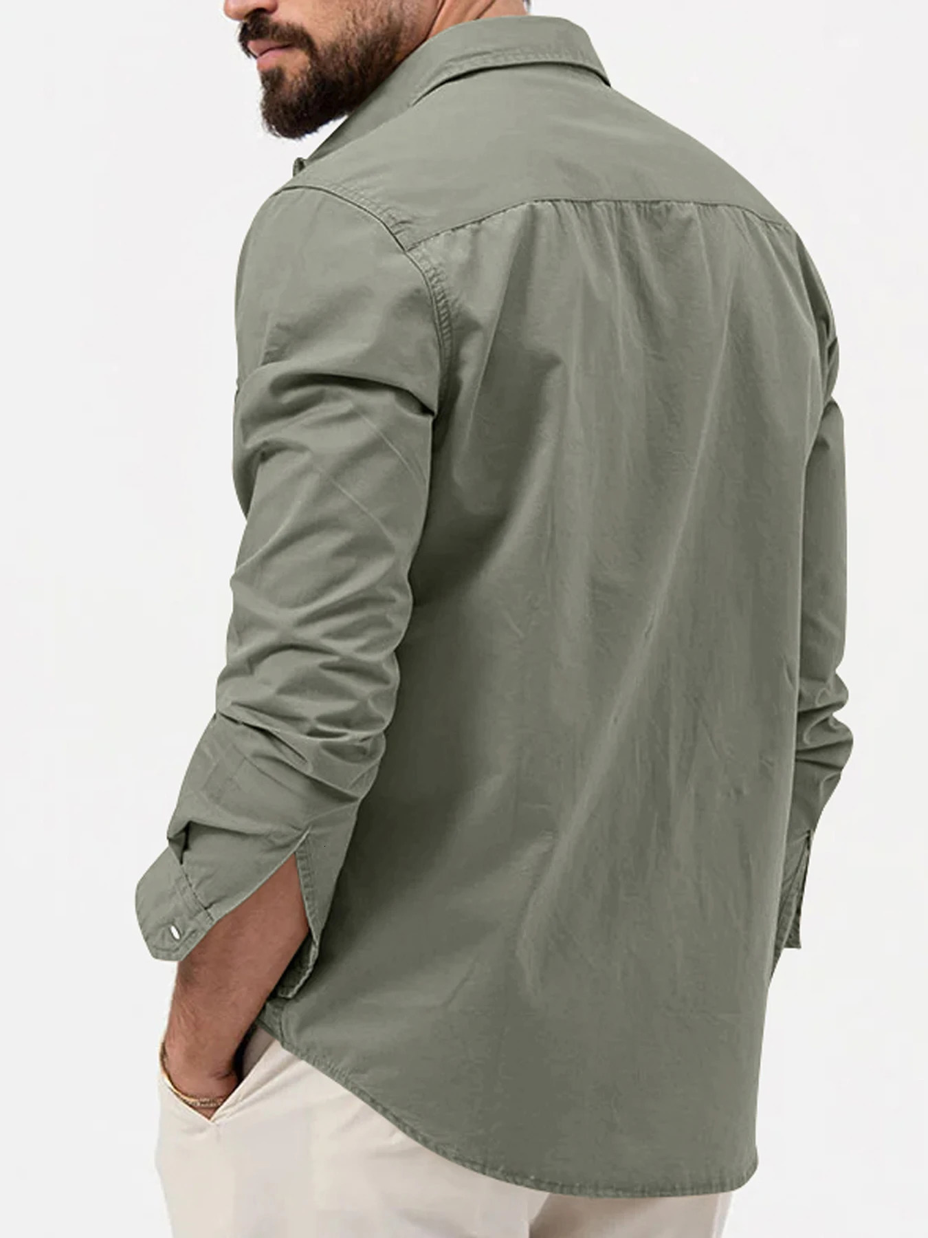 SpringSummer European and American Mens Shirts with Multiple Pockets Casual Slim Fit Long sleeved Workwear Top 240412