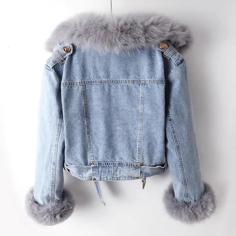 New Women Faux Fox Fur Collar Jean Coat Winter Jacket Female Short Warm Parkas Rabbit Hair Ing Outwear Fashion Overcoat