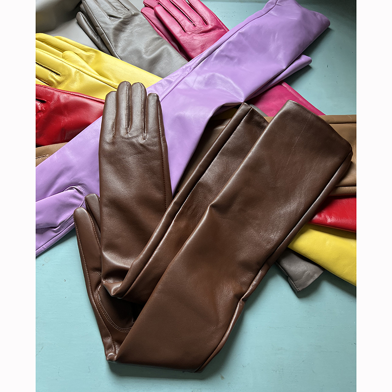 Women Real Leather Long Gloves Full Fingers Winter Warm Elbow Gloves Outdoors Long Sheepskin Mittens Wine Party genuine leather female styleArm sleeve