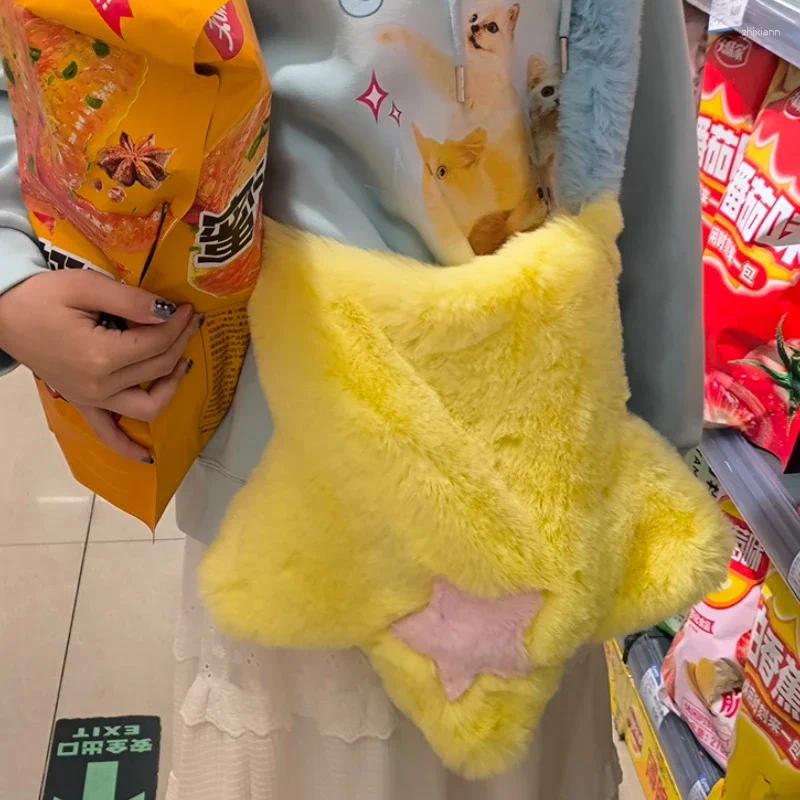 Drawstring Y2k Furry Star Crossbody Bags For Girls Retro Faux Fur Women's Shoulder Bag Contrast Color Plush Female Large Handbags Purses zhanyish