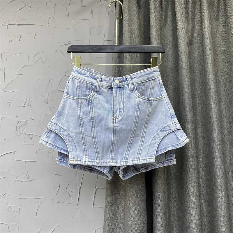 Skirts 2023 Autumn Y2K HOT Womens Shorts Fashion High Waist Spliced Solid Color Irregular A-line Wide Leg Denim Shorts Skirts Female Y240420