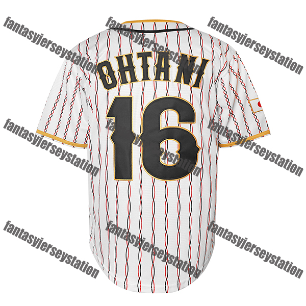 #16 White Embroidered Men's Retro Ohtani Striped Short Sleeve V-neck Loose Button Up Shirt, Summer Street Baseball Jersey In Stock S-3XL