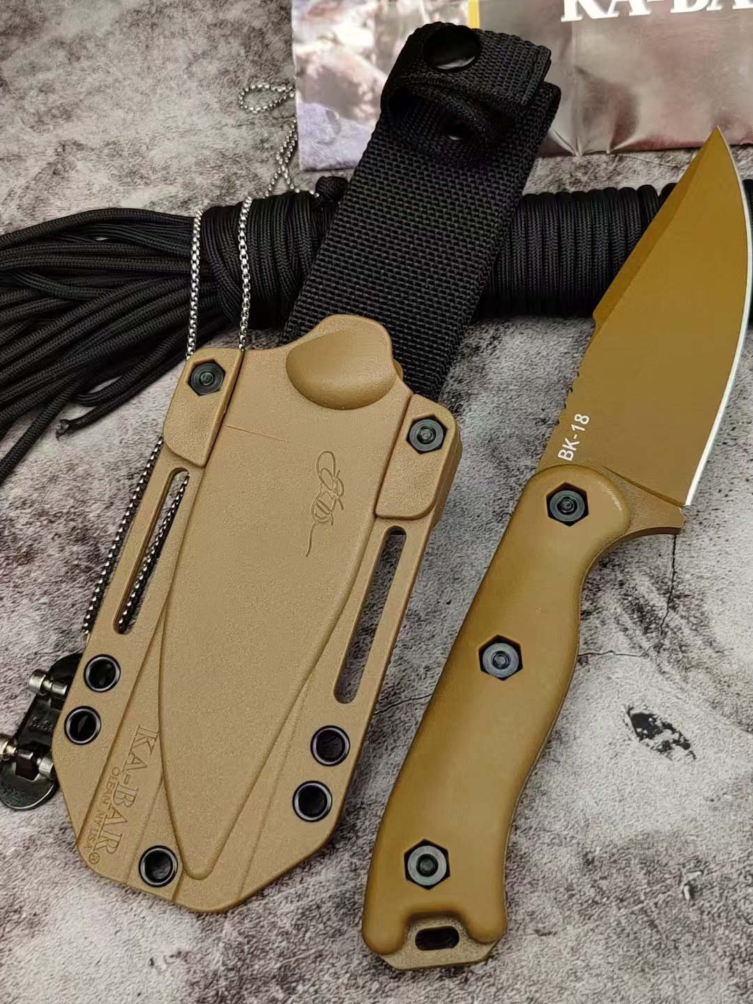 Ka-bar BK18 Survival Straight Knife 1095 Cro-Van Titanium Coating Drop Point knife Blade Full Tang GFN Handle Outdoor Camping Tactical Knives with Kyd