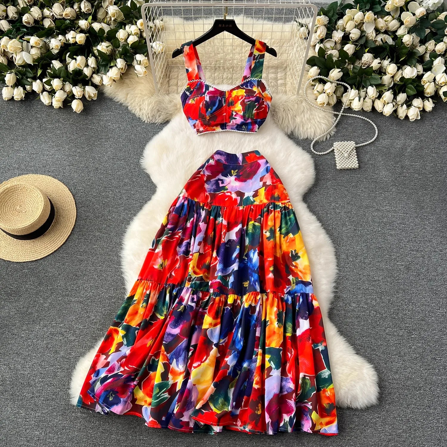 Dress Summer Bohemian Two Piece Set Women's Spaghetti Strap Padded V Neck Short Crop Top Wer Print Long Maxi Skirts Suits