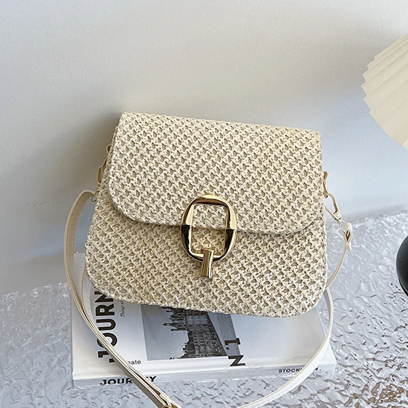 Lock Fashion Summer Crossbody Bags Casual TLXT Travel Beach Shoulder Flap Women's Handbags Straw Bag Designer