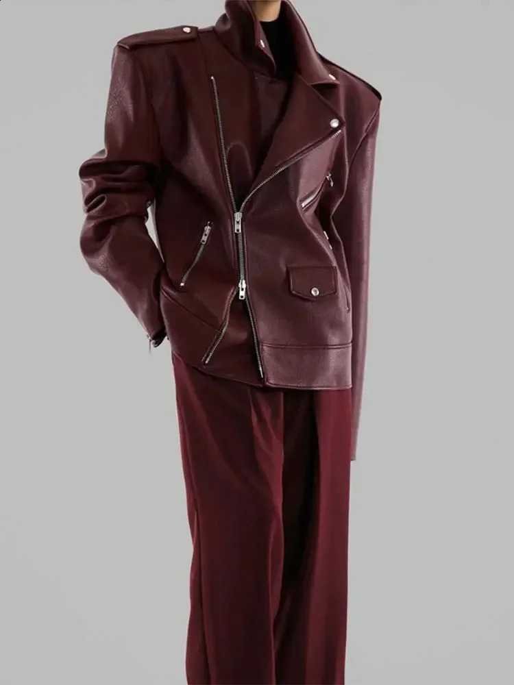 Womens Solid Leather Double Zipper Motorcycle Jacket Fashion Loose Collar Long Sleeve Pu Cut Coat Autumn Womens Street Clothing 241115