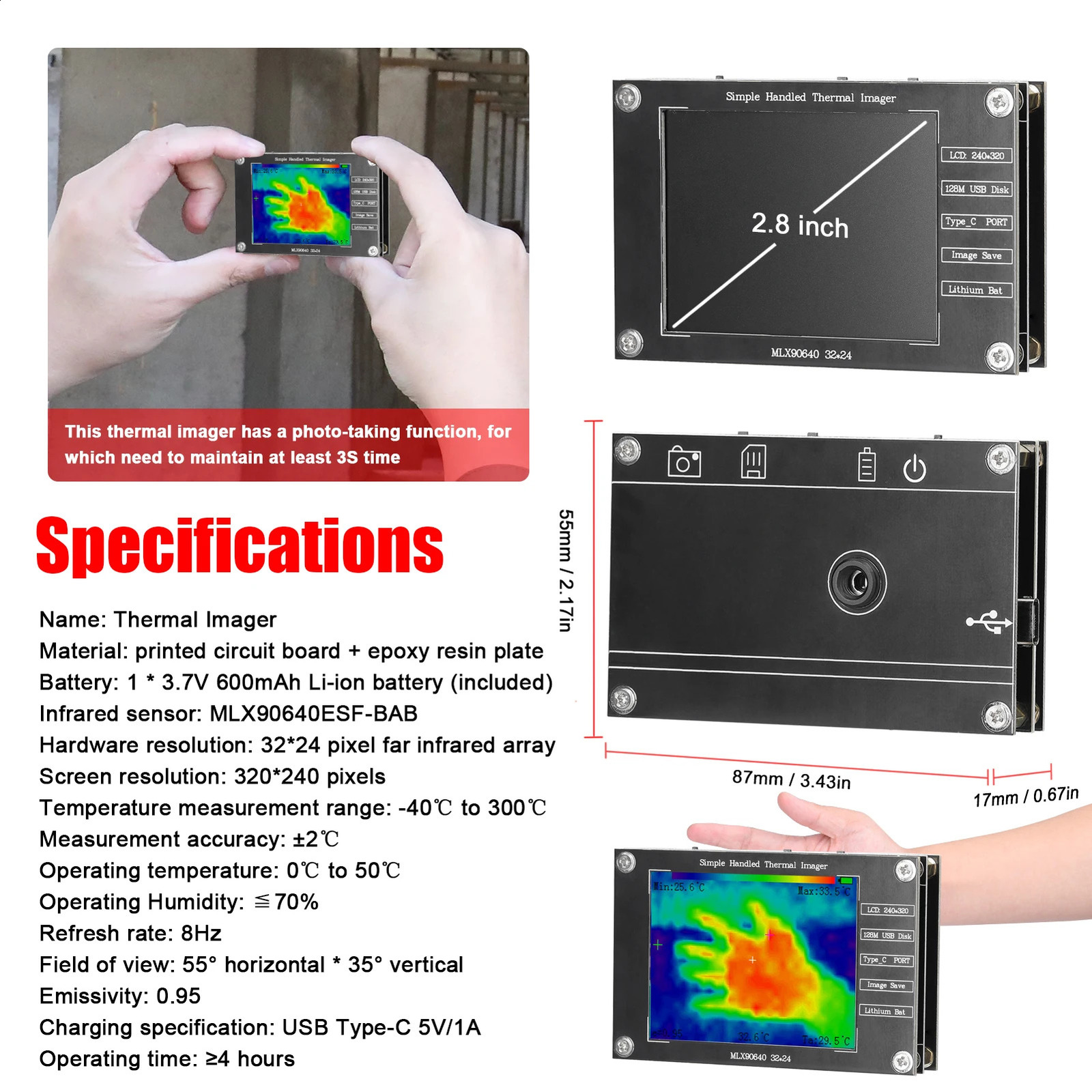Portable thermal imaging camera -40 to 300 Small thermal imaging camera supports maximum and minimum center temperature measurement of 2.8 inches 2411