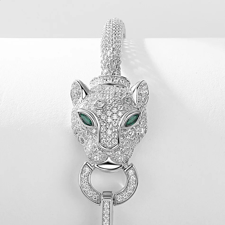 ALLNOEL 100% 925 Womens Hollow Leopard Head Silver Bracelet Black Leopard Green Eyes Gift Hip Hop Animal Jewelry Wholesale 241120