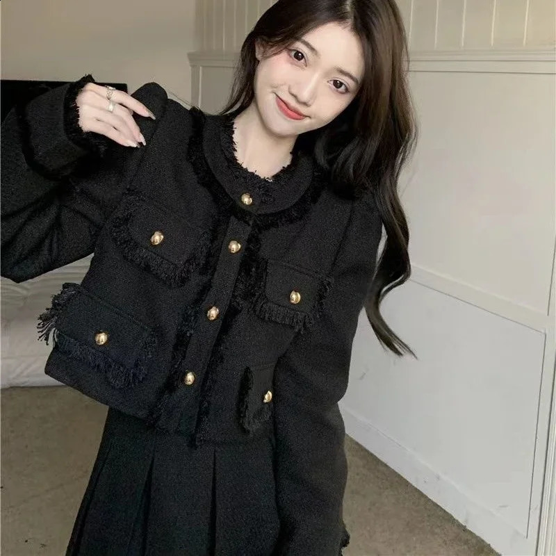 Vintage Cropped Blazers Mini Skirts 2pcs Set Koean Women Long Sleeved Jackets Tops with High Waist Pleated A-line Skirt Suits 241121