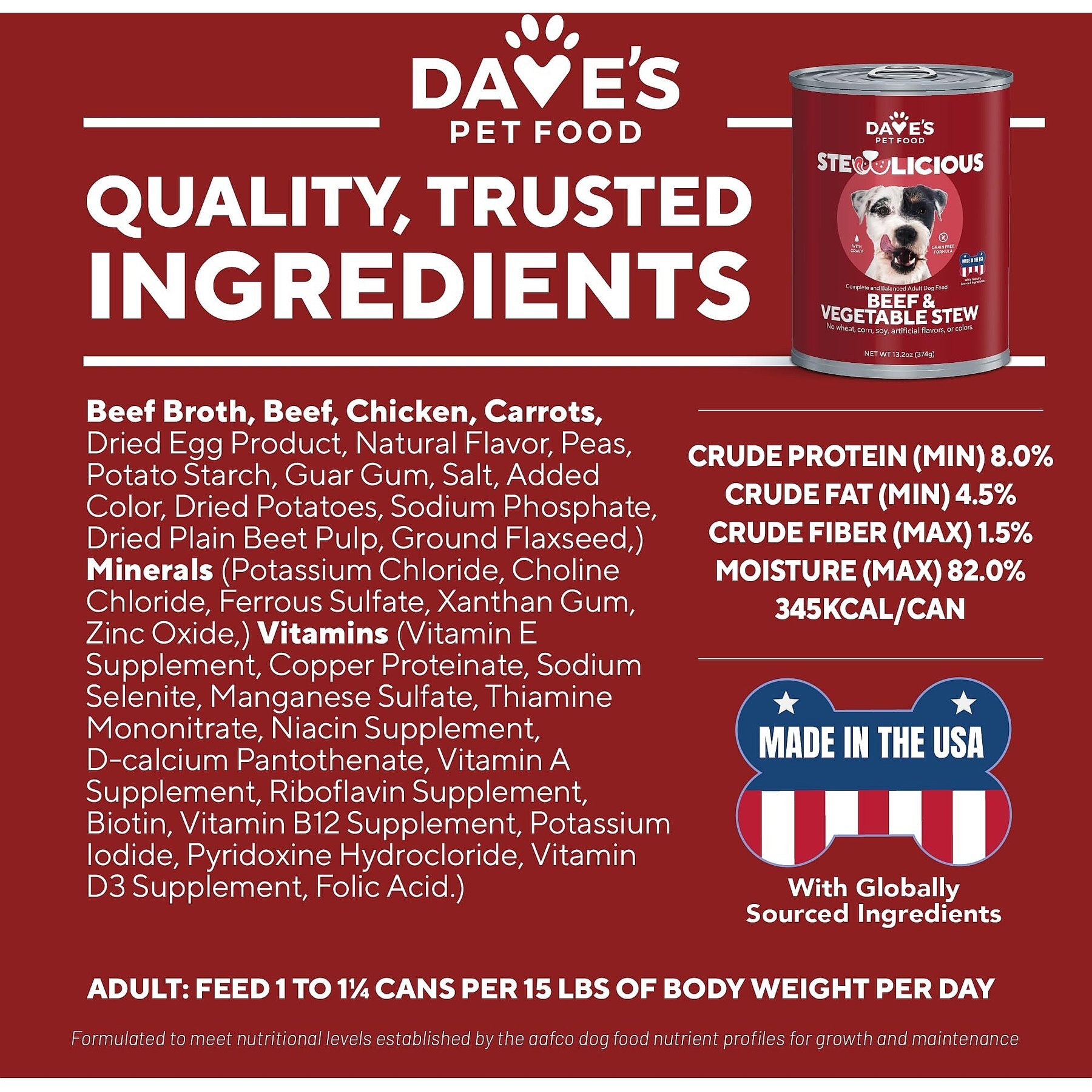 Dave's Pet Food Stewlicious Beef & Vegetable Stew. Grain-Free Canned Wet Dog Food, 13.2-oz, case of 12
