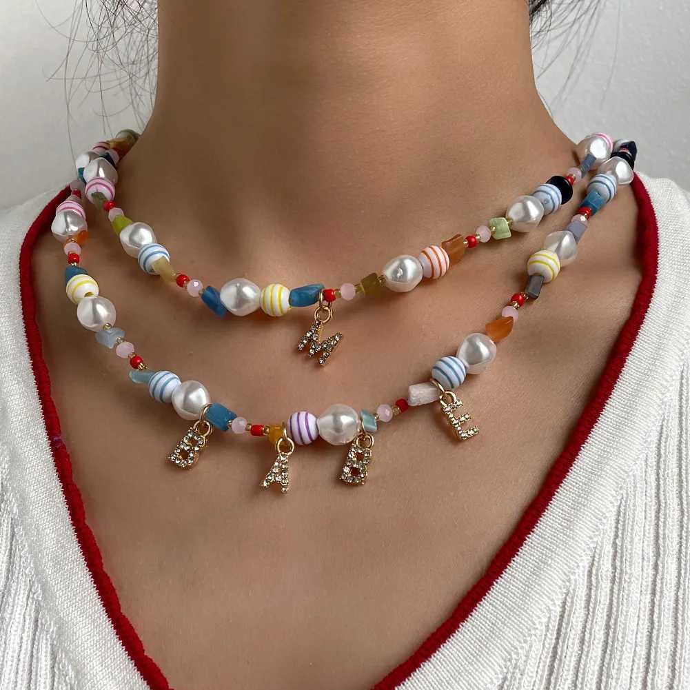 Pendant Necklaces Irregular Colorful Natural Stone Beads Choker Necklace For Women DIY Custom 26 Initials Pearl Name Beaded Necklaces Gift Jewelry Y24