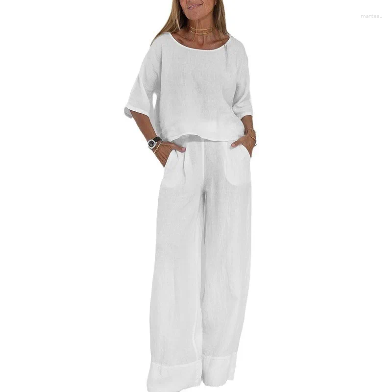 Women's Two Piece Pants Ladies Pockets Cotton-linen like fabric Set Casual Elastic Waist Trouser Suit Women O-neck Half Sleeve Shirt And Outfits 