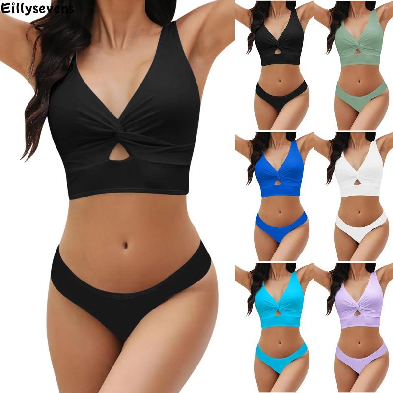 Womens Swimwear Sexy Bikini Set Fashionable Chest Hollow Design Two Piece Solid Color Beach Volleyball Sunbathing Swimsuit