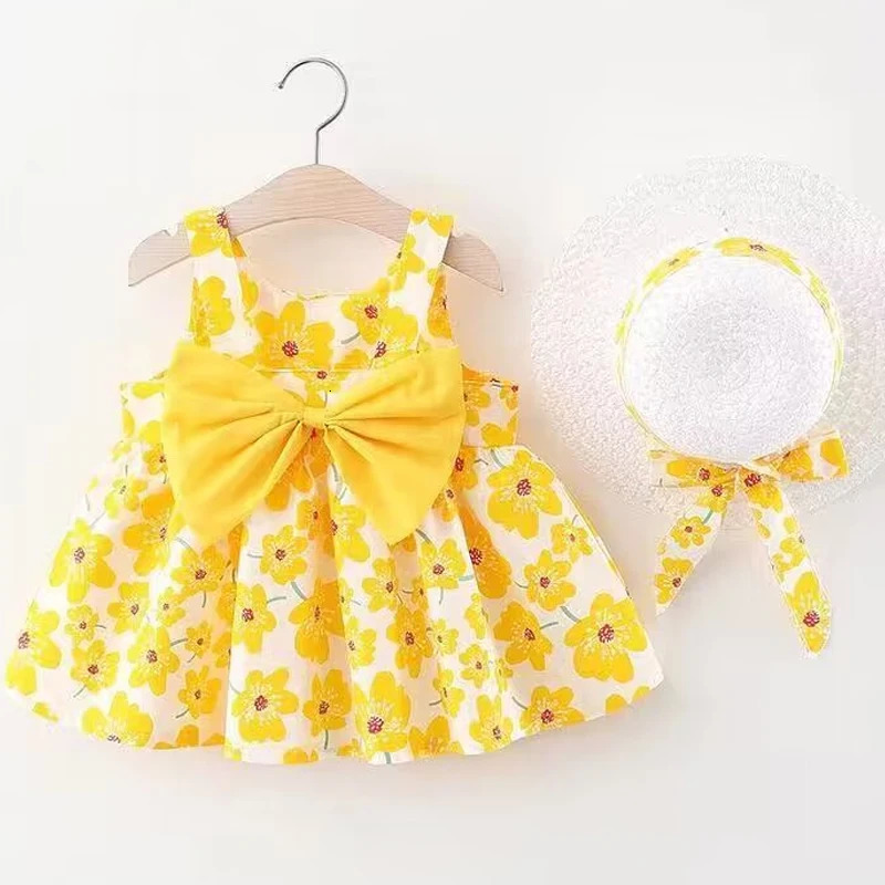 girl floral dress sweet summer bow toddler beach for children aged 0 to 3 born clothinghat set of 2 pieces 240416