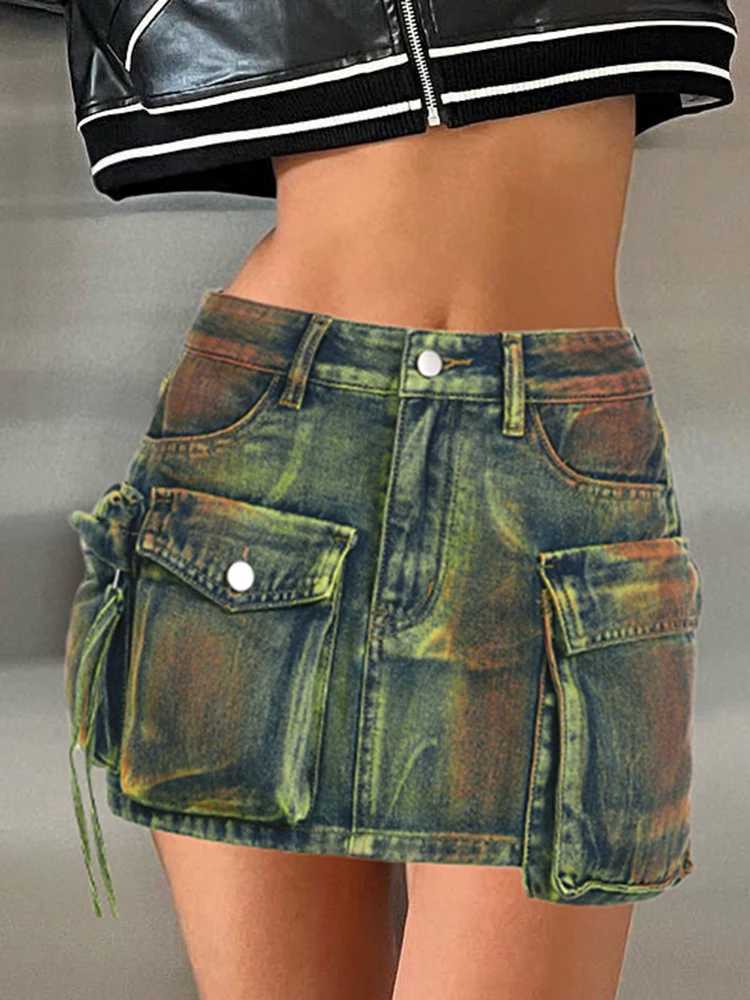 Skirts IAMSURE Safari Style Big Pockets Denim Skirt Sexy Slim Mid-Waisted Mini Skirts Women 2023 Summer Fashion Strtwear Ladies Y240420