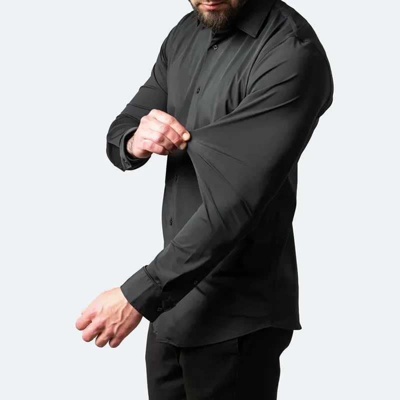 17 Color High Elasticity Shirt Mens Korean Slim Fit Plus Size Business Casual Solid Color Social Formal Long Sleeved Shirt 2024XJ250121