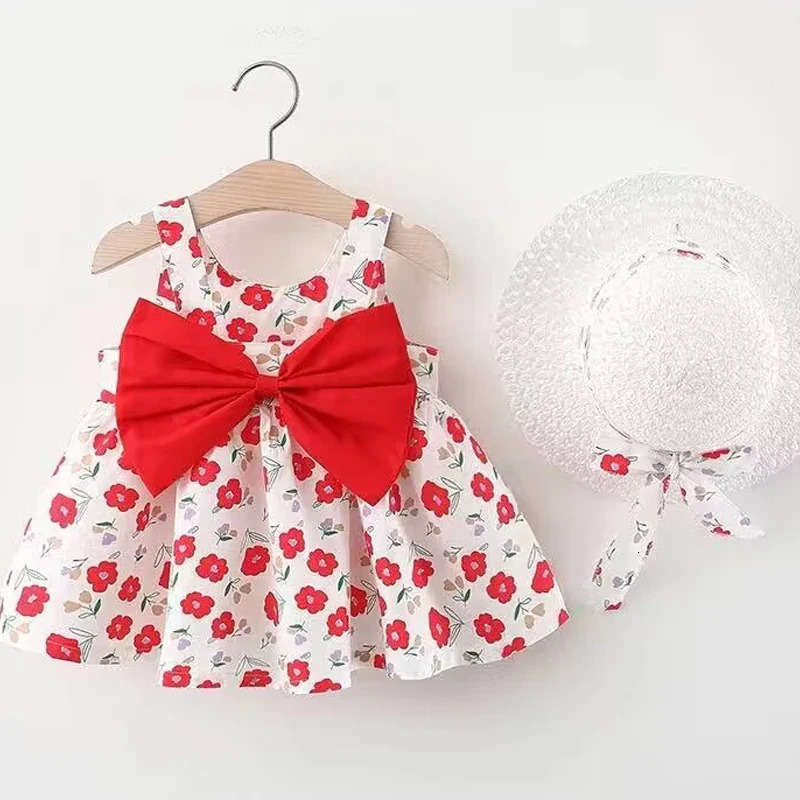 girl floral dress sweet summer bow toddler beach for children aged 0 to 3 born clothinghat set of 2 pieces 240416