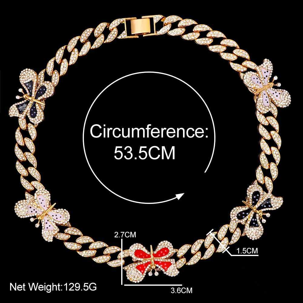 Pendant Necklaces Iced Out Full Rhinestone Enamel Butterfly Miami Cuban Link Necklace For Women Hiphop Bling Chunky Thick Cuban Choker Punk Jewely Y24