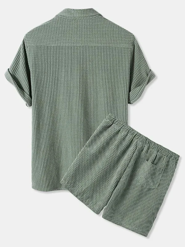 Men Outfit Set Autumn Mens Casual Loose Corduroy Short Sleeve Suit Shirt and Shorts 2 Sets Clothing 240409