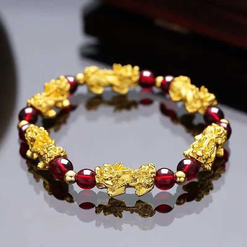 Chain Feng Shui Obsidian Stone Beads Bracelet Gold Color Black Pixiu Wealth Good Luck Wristband Men Women Unisex Lucky Jewelry Gifts Y240420