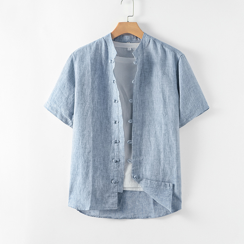Men's Casual Shirts Chinese Style Stand Up Collar Retro Button Down En Shirt Short Sleeved Top