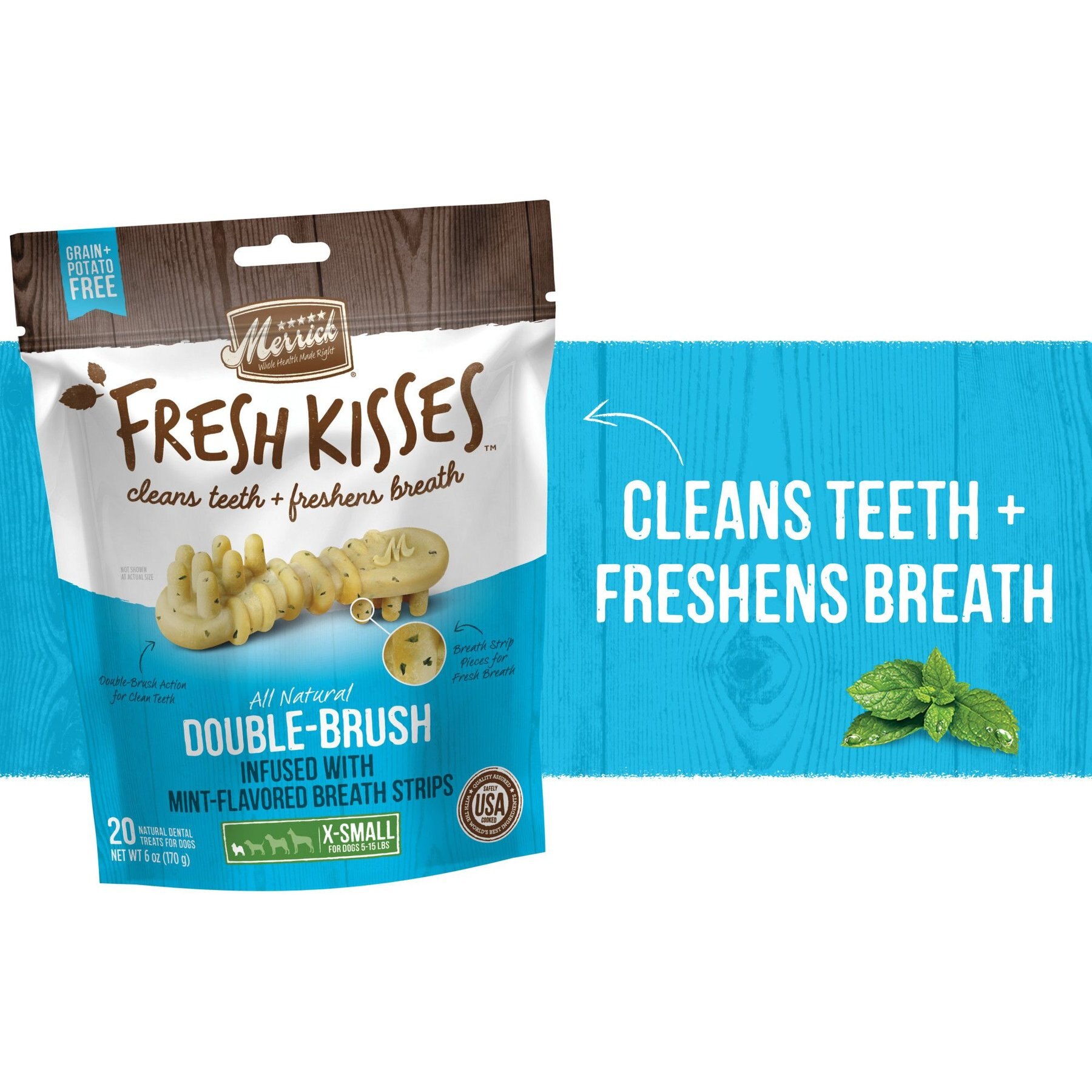 Merrick Fresh Kisses Double-Brush Mint Breath Strip Infused X-Small Dental Dog Treats