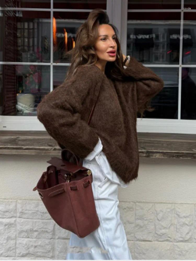 Women's Mohair Pullover Sweater - Chocolate Brown, O-Neck, Long Sleeve, Loose Knit, Casual, Winter