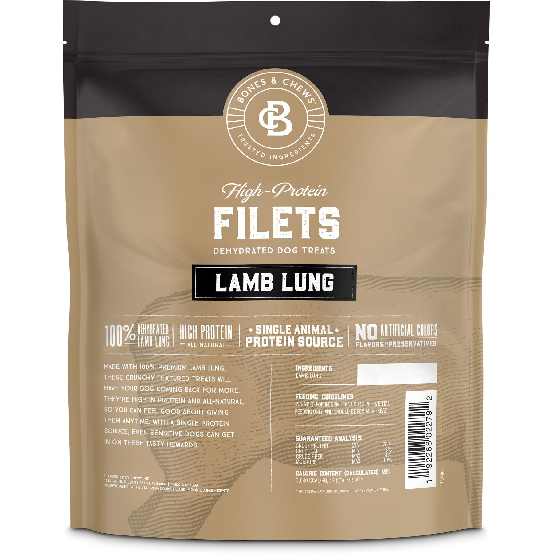 Bones & Chews All-Natural Lamb Lung Filets Dehydrated Dog Treats, 12-oz bag