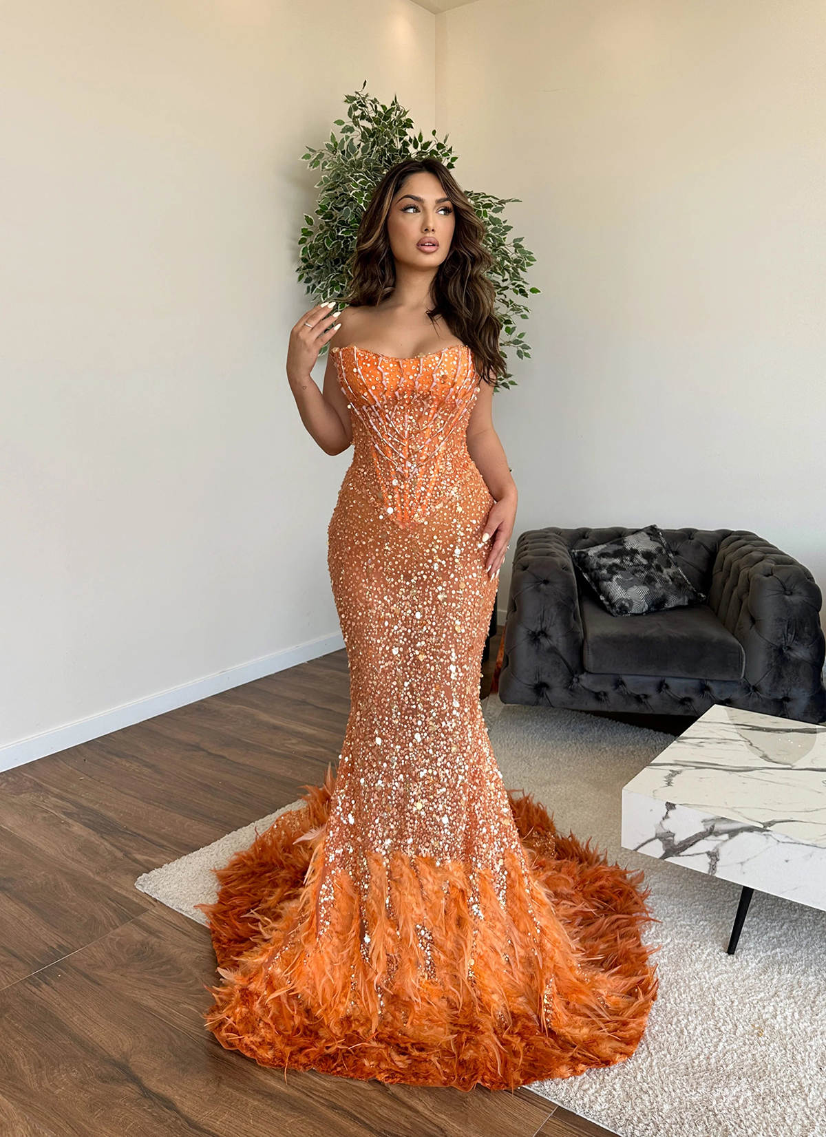 Sparkly Mermaid Sexy Prom Dresses Ostrich Feather Sweetheart Neck Beading Sequined Sleeveless Pageant Evening Gowns