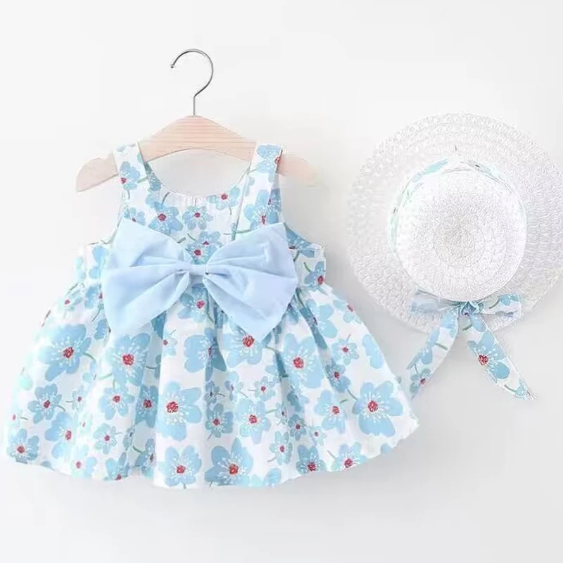 girl floral dress sweet summer bow toddler beach for children aged 0 to 3 born clothinghat set of 2 pieces 240416