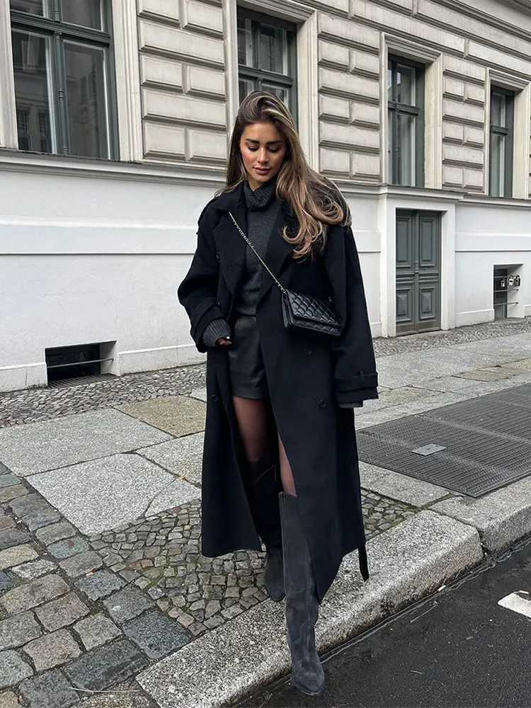 Elegant with belt black long coat womens oversized wool double button lapel coat autumn new womens high-end coat X241120