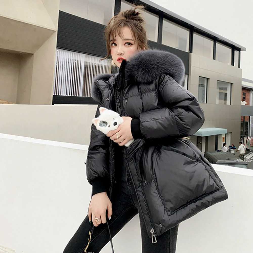 2023 Winter New Cotton Jacket Womens Big Fur Collar Cotton Coat Hooded Park Womens Thick Warm Medium to Long Coat X241120