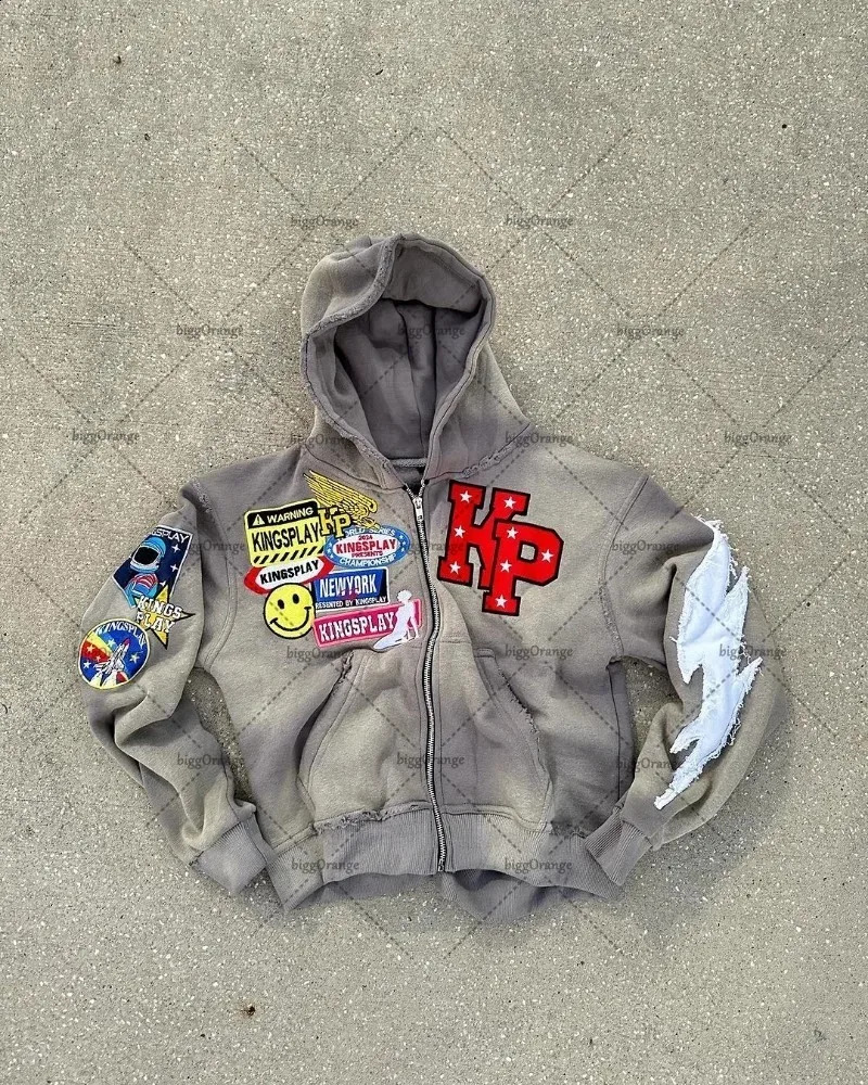 Trendy Zipper Hoodie American Style Colorful Letter Jacket Men High Street Hip-hop Casual Oversized Sweatshirt Women 241121